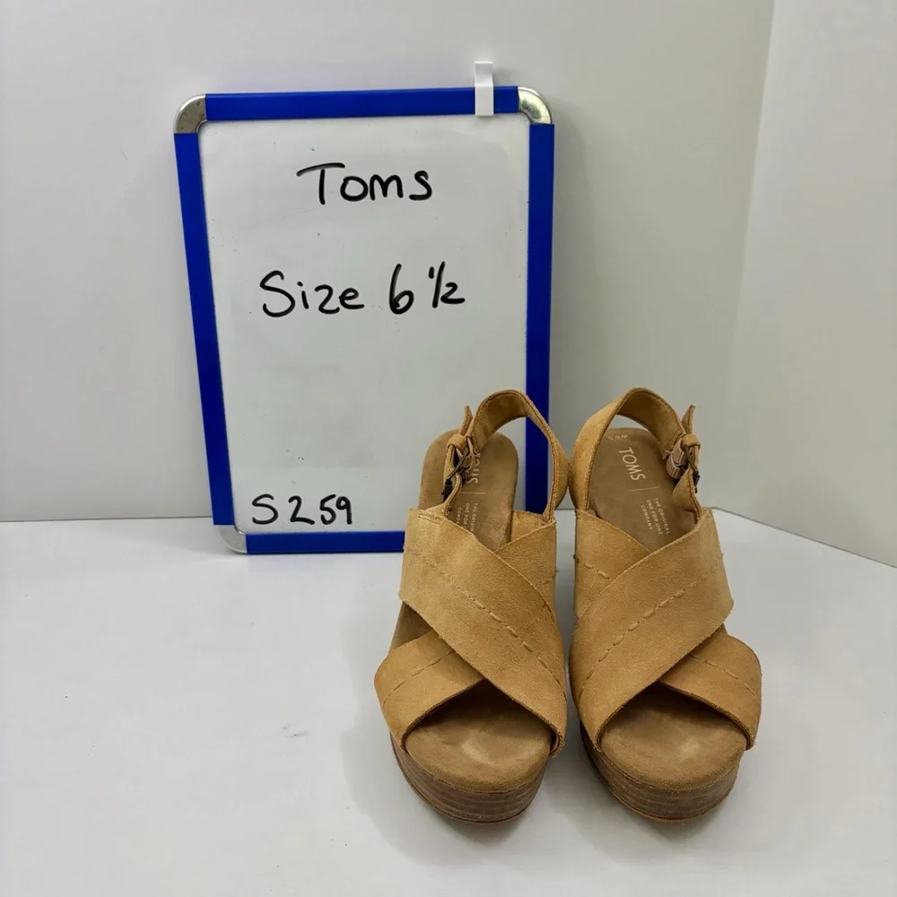TOMS Ibiza Honey Suede Tan Platform Heel Sandals Size 6 1/2